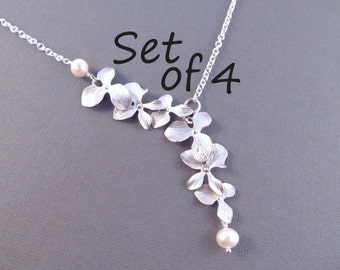 Pearl Bridesmaid Necklace Set of 4, Silver Orchid Flowers with Pearls, Bridal Party Jewelry, Wedding Jewelry, Lariat Style Necklace