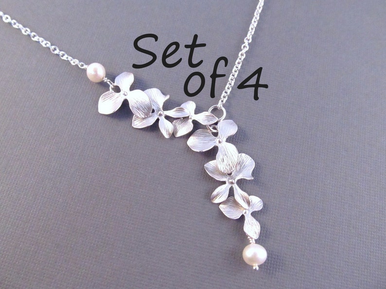 Pearl Bridesmaid Necklace Set of 4, Silver Orchid Flowers with Pearls, Bridal Party Jewelry, Wedding Jewelry, Lariat Style Necklace image 1