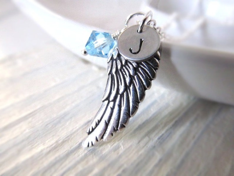 Personalized Angel Wing Necklace with Birthstone and Initial Charms, Angel Baby Remembrance Memorial Guardian Angel Graduation Jewelry Gift image 3
