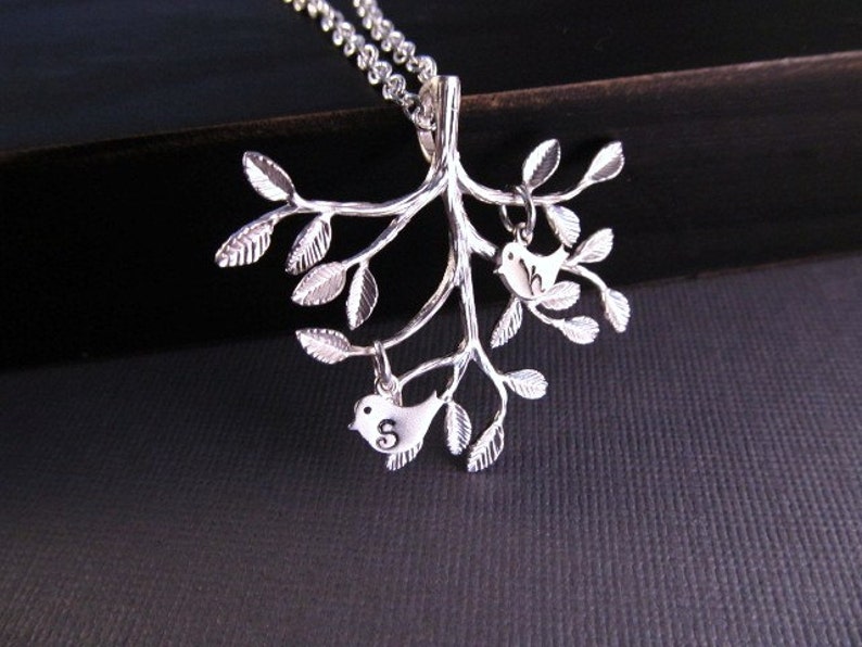 Silver Family Tree Necklace with Bird Initial Charms, Personalized Branch Pendant, Family Jewelry Gift for Mom, Mother, Grandma, Grandmother image 1