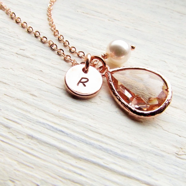 Rose Gold Topaz Necklace, Personalized November Birthstone Jewelry, Round Initial Disc Birth Stone Pearl Charm, Custom Birthday Gift for Her