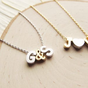 Two Initial Necklace with Heart or Ampersand, Gold Silver Letter Necklace, Personalized Couples Jewelry for Valentines Day or Anniversary