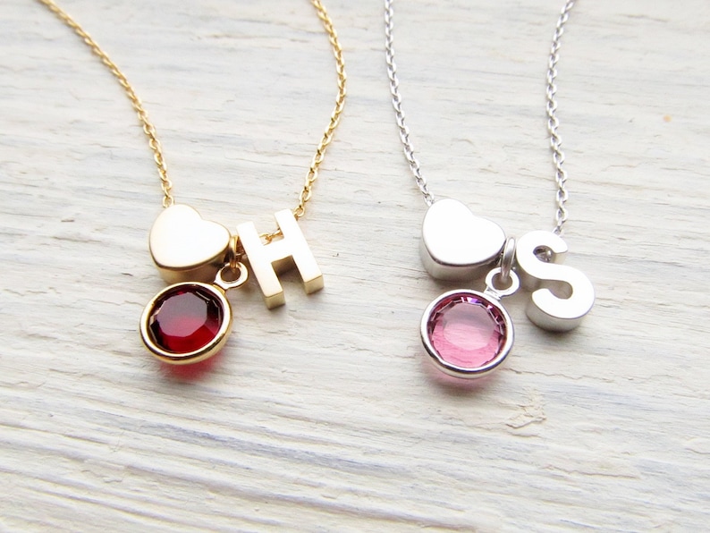 Birthstone Initial Necklace Gold Or Silver Personalized Etsy