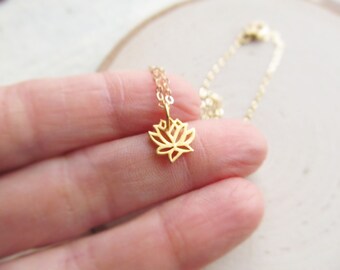 Lotus Necklace, Gold Filled Tiny Lotus Flower Jewelry, Tiny Necklace for Women, Minimalist Jewelry for Layering, Choker Necklace and Pendant