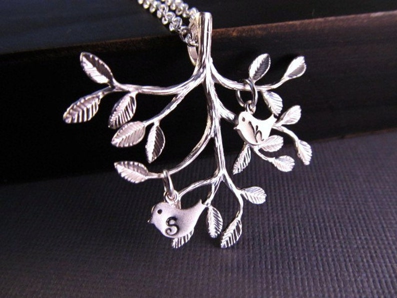 Silver Family Tree Necklace with Bird Initial Charms, Personalized Branch Pendant, Family Jewelry Gift for Mom, Mother, Grandma, Grandmother image 2