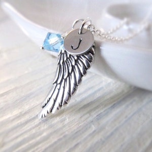 Personalized Angel Wing Necklace with Birthstone and Initial Charms, Angel Baby Remembrance Memorial Guardian Angel Graduation Jewelry Gift image 1