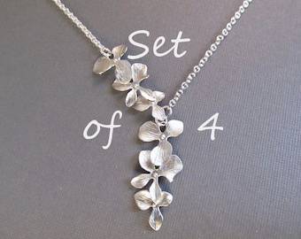 Silver Flower Necklace Set of 4 for Bridesmaids, Triple Orchid Lariat, Bridesmaid Gift for Wedding Jewelry, Spring Wedding Ideas