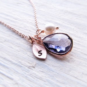 Amethyst Jewelry Set in Rose Gold, Initial Birthstone Necklace and Earrings in Rosegold, Personalized February Birthday Gift for Women Girls image 7