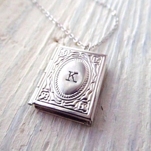 Book Lover Gift, Personalized Silver Locket Necklace with Initial, Miniature Book Necklace, Gift for Graduation or Book Club, Graduate image 1