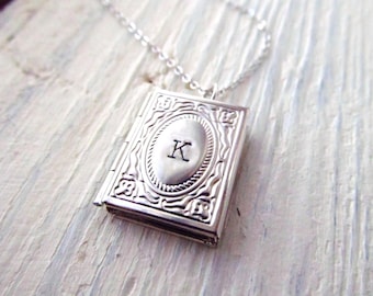 Book Lover Gift, Personalized Silver Locket Necklace with Initial, Miniature Book Necklace, Gift for Graduation or Book Club, Graduate