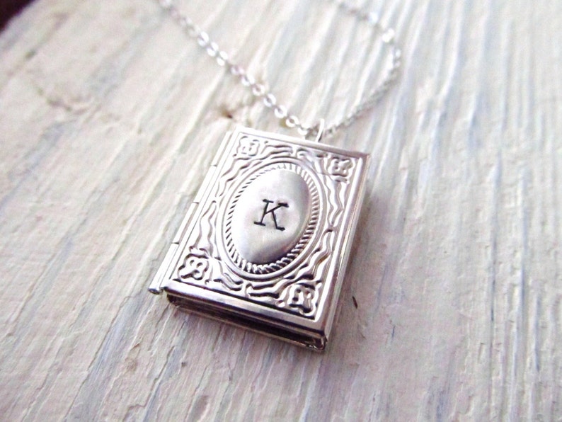 Book Lover Gift, Personalized Silver Locket Necklace with Initial, Miniature Book Necklace, Gift for Graduation or Book Club, Graduate image 1