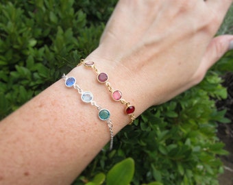 Birthstone Charm Bracelet for Grandma, Gold or Silver Petite Crystal Birth Stones, Custom Jewelry Gift for Grandmother, Nana, Mama, Grammy