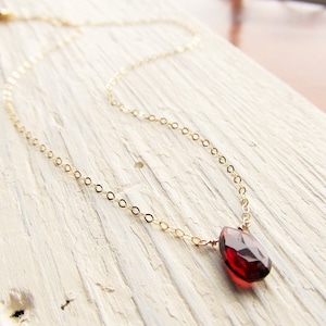 May include: A delicate gold chain necklace with a single, faceted, red gemstone pendant.