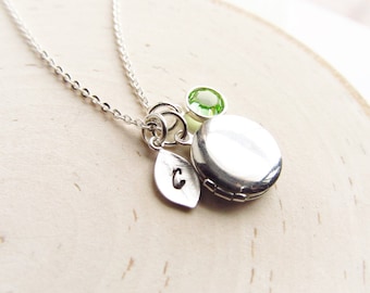 Personalized Locket Necklace with Birthstone, Silver Locket, Silver Initial Necklace, Tiny Locket, Bridesmaid Gift, Graduation Gift