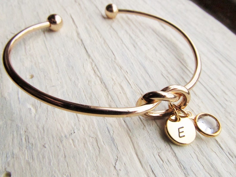 Gold Knot Bracelet, Women's Personalized Bangle with Initial and Birthstone Charms, Birth Stone Jewelry Gift for Woman, Her, Girlfriend image 5