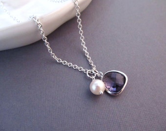 Birthstone Necklace, Silver Jewel and Pearl,  Charm Necklace, Bridesmaid Gift, Personalized Necklace, Bridal Jewelry