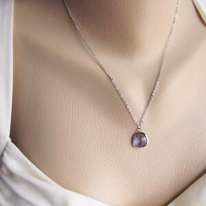 May include: A silver chain necklace with a small, faceted, purple gemstone pendant.