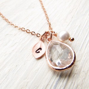 Rose Gold April Birthstone Necklace, Personalized Crystal Jewelry with Initial Birthstone Pearl Charm, Custom April Birthday Gifts for Her image 5