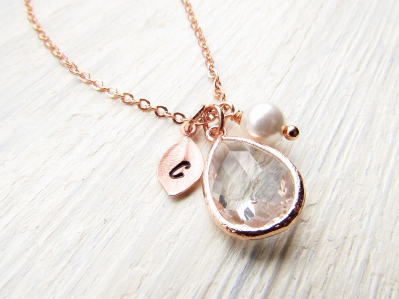 Rose Gold April Birthstone Necklace, Personalized Crystal Jewelry with Initial Birthstone Pearl Charm, Custom April Birthday Gifts for Her image 5