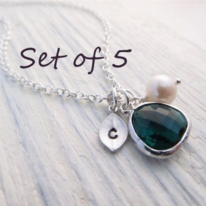 Set of 5 Bridesmaids Necklaces , Silver Leaf with Initial, Jewel, and Pearl, Bridesmaid Gift, Birthstone Necklace, Bridal Jewelry