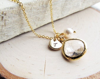 Diamond Charm Necklace, Gold Birthstone Necklace with Initial Disc and Pearl, April Birthday Jewelry, Clear Crystal Jewelry Gift for Her