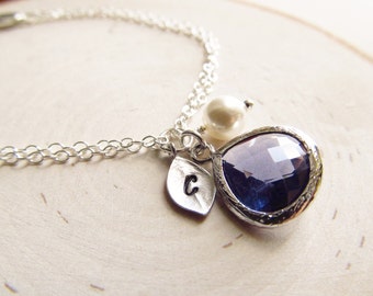 Personalized Bracelet, Sterling Silver with Initial Charm, Birthstone, and Pearl, Birthstone Bracelet, Initial Bracelet, Bridesmaid Gift