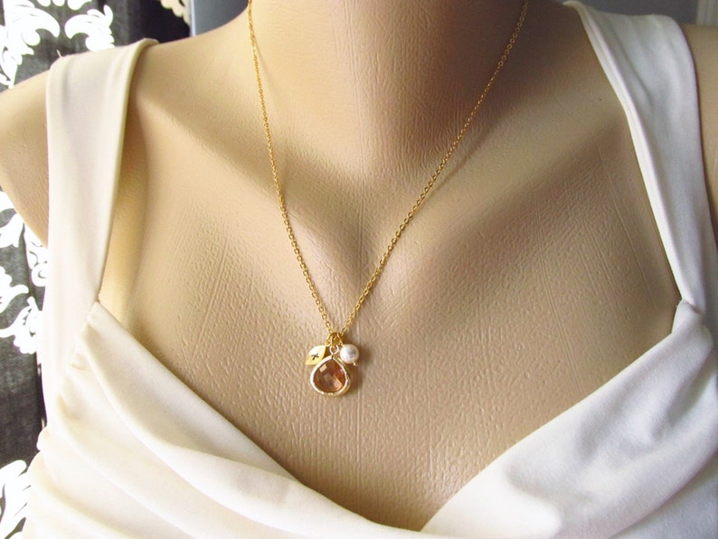 November Birthstone Necklace, Topaz Necklace, Gold Leaf with Initial Jewel and Pearl, Gold Birthstone Jewelry, November Birthday Gift 画像 4