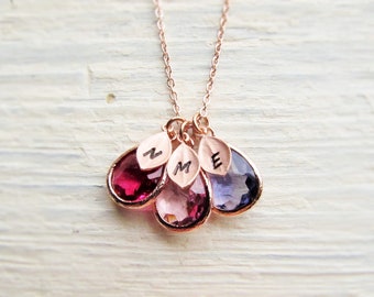 Mom Necklace with Kids Initials and Birthstones in Rose Gold, Personalized Birth Stones Jewelry, Unique Gifts for Moms, Children Charms