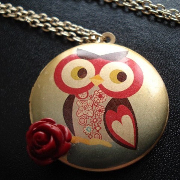 Sweet Little Owl -- A Brass Locket Necklace with Crimson Rose Accent