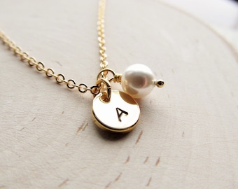 Personalized Pearl Necklace, Gold Initial Charm and Pearl, Charm Necklace, Customized Pearl Jewelry, Flower Girl or Bridesmaid Pearl Gift