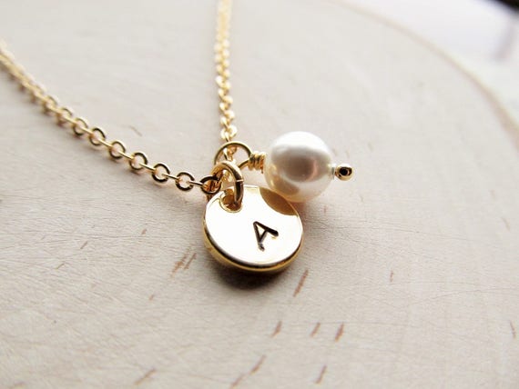 Disc Necklace Pearl Chain Initial Necklace Personalized Pearl