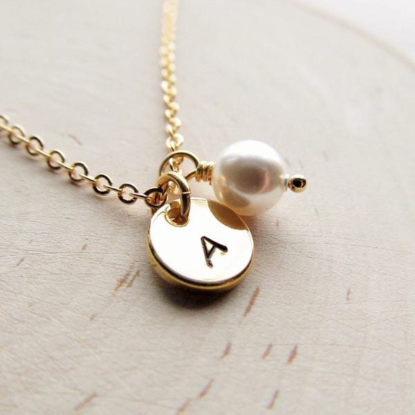 Personalized Pearl Necklace, Gold Initial Charm and Pearl, Charm Necklace, Customized Pearl Jewelry, Flower Girl or Bridesmaid Pearl Gift