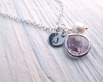 June Birthstone Necklace, Alexandrite Necklace, Initial Disc with Jewel Pearl, Engraved Jewelry, Personalized Necklace, June Birthday Gift