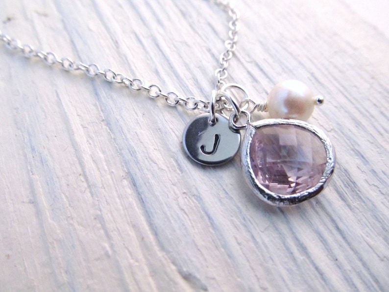 June Birthstone Necklace, Alexandrite Necklace, Initial Disc with Jewel Pearl, Engraved Jewelry, Personalized Necklace, June Birthday Gift image 1