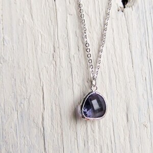 May include: A silver chain necklace with a small, teardrop-shaped pendant featuring a dark purple gemstone.