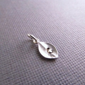 May include: A silver charm in the shape of a leaf with a small silver bead in the center.