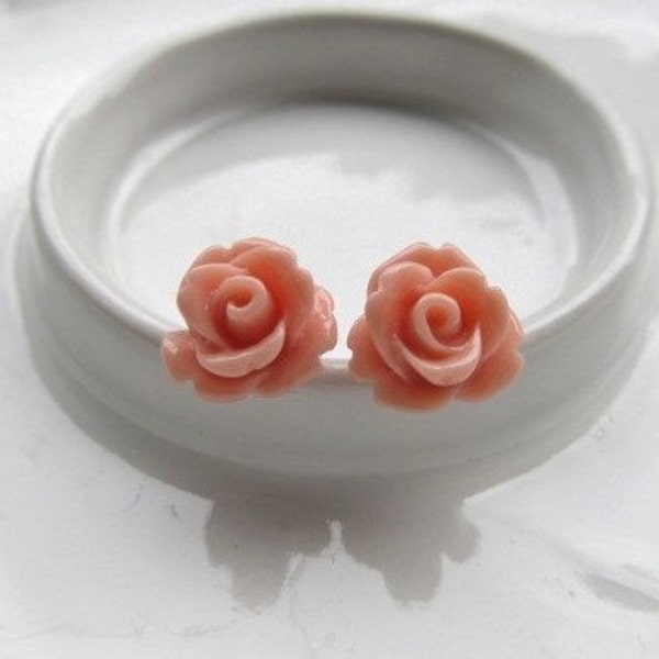 Pink Rose Earrings, Salmon Flowers on Stainless Steel Posts, Flower Earrings, Rose Jewelry, Stud Earrings, Valentines Day Jewelry