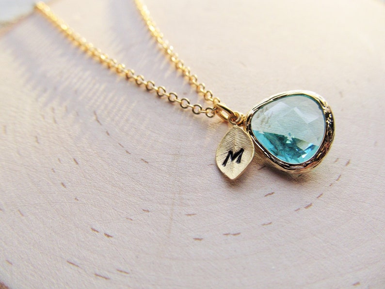 Gold Aquamarine Necklace, Initial March Birthstone Jewelry, Personalized March Birthday Gifts, Aquamarine Jewelry Gift for Women Her Girls image 5