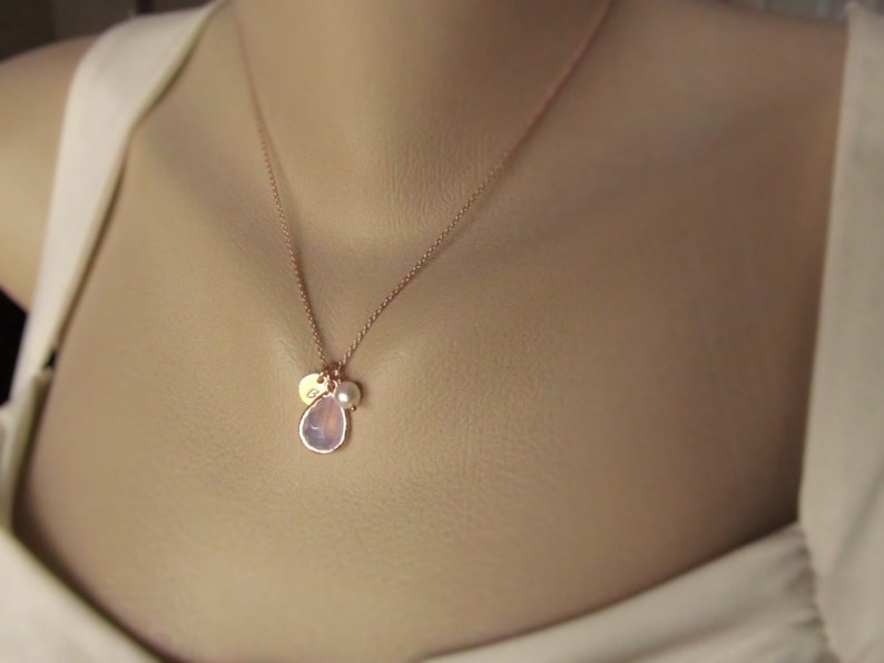 Rose Gold Opal Necklace, Personalized October Birthstone Jewelry, Round Initial Disc, Birth Stone, Pearl Charm, Custom Birthday Gift for Her image 7