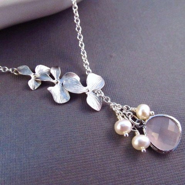 Bridesmaid Necklace, Silver Orchid Flowers with Freshwater Pearls and Glass Jewel, Wedding Jewelry, Lariat Necklace, Birthstone Necklace