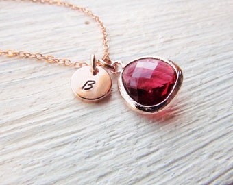 July Birthstone Gifts, Rose Gold Ruby Necklace with Disc Initial Charm, July Birthday Gift for Her, Custom Personalized Jewelry, Birth Stone