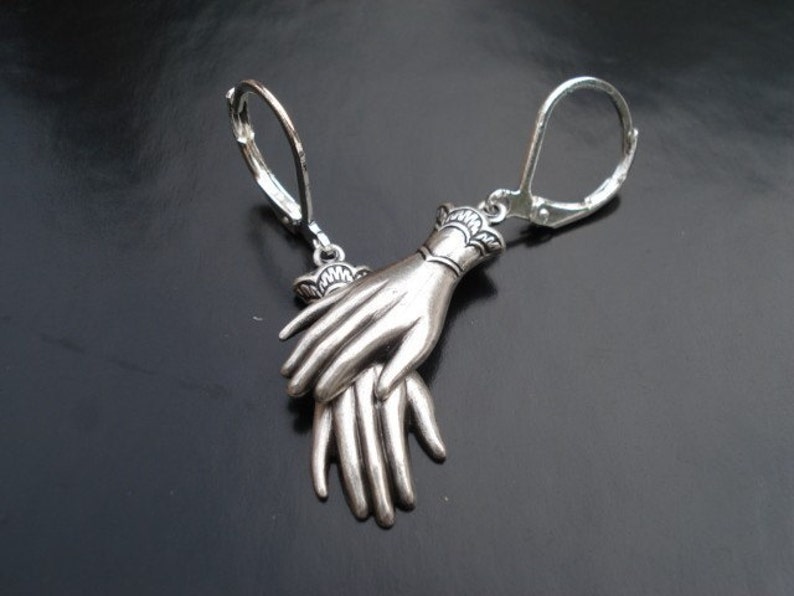 Hand Earrings, Silver Drop Dangle Earrings, Macabre Jewelry, Statement Earrings, Halloween Earrings, Victorian Gloves, Palmistry Jewelry 