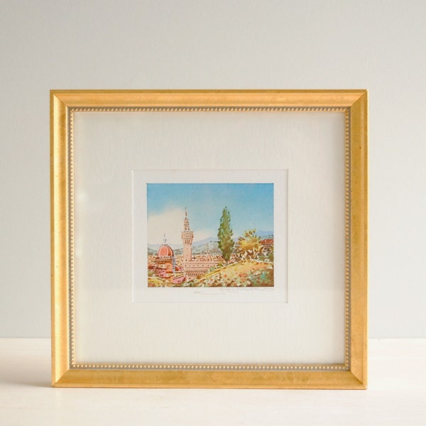 Vintage Small Landscape Watercolor Painting of Florence, Italy, 8.5" x 7.75" Framed Watercolor Painting, Signed Landscape Painting