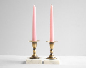 Vintage Pair of Brass and Marble Candle Holders, Candlestick Set