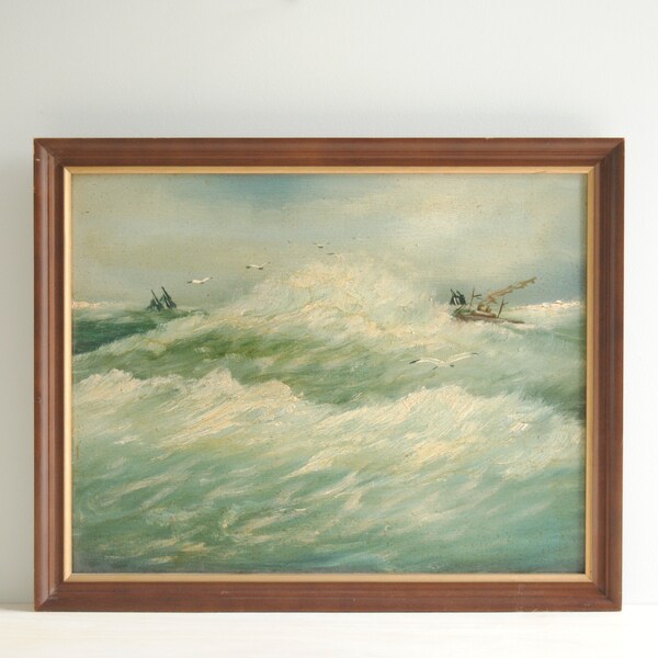 Vintage Nautical Ocean Painting of Waves and Ships, Original Seascape Oil Painting, Oceanscape Painting, Ocean Waves Original Oil Painting