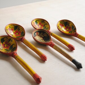 Vintage Khokhloma Hand Painted Spoon Set, Folk Art Wooden Christmas Spoons image 2