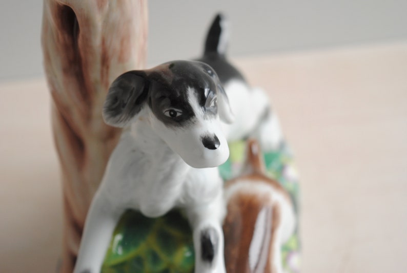 Vintage Figural Porcelain Dog Vase, Staffordshire Style Dog Spill Vase image 4