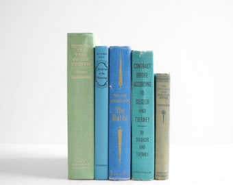 Set of 5 Green and Blue Vintage Books, Hard Bound Book Set