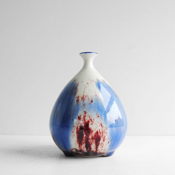Vintage Studio Pottery Vase: Blue & Red Drip Glaze Decor