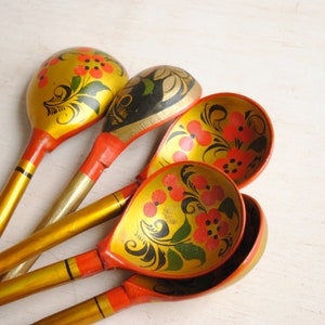 Vintage Khokhloma Hand Painted Spoon Set, Folk Art Wooden Christmas Spoons image 10